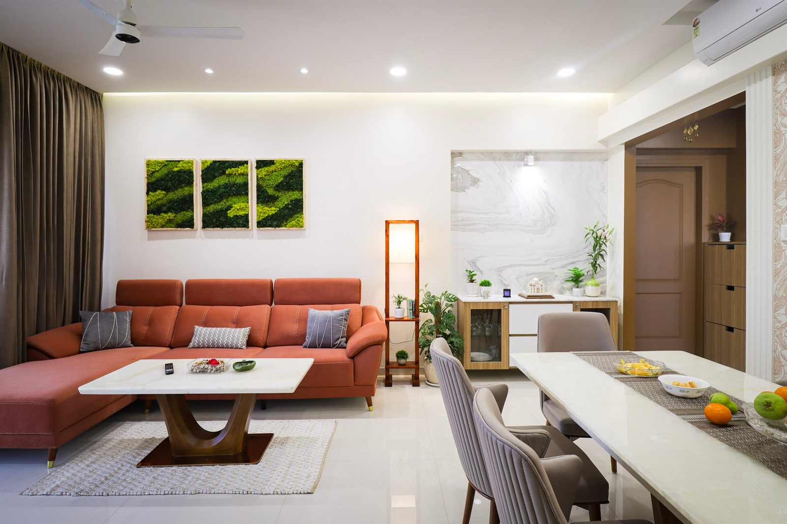 a living room with a couch and a table